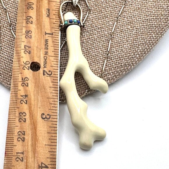 Porcelain Coral Branch Pendant Necklace Long Gold Chain - Picture 11 of 11